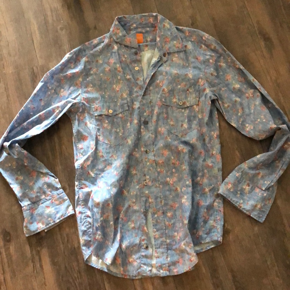 Long sleeve chambray tropical floral button down